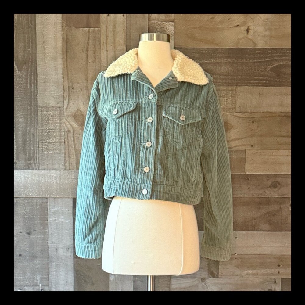 Urban Outfitters BDG cropped button up jacket small green corduroy faux fur boho